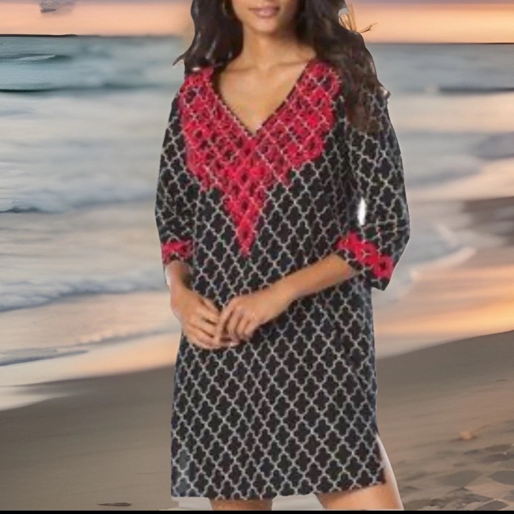 SOMA Swim Cover Up /Tunic Womens Small Black Red Embroidered 100% Cotton